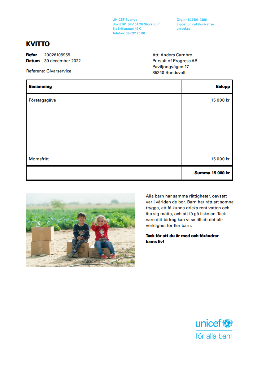 2022 - UNICEF - 15 000 kr